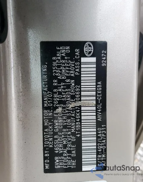 2007 Toyota Camry Hybrid из США, поврежденный, VIN 4T1BB46K47U006692